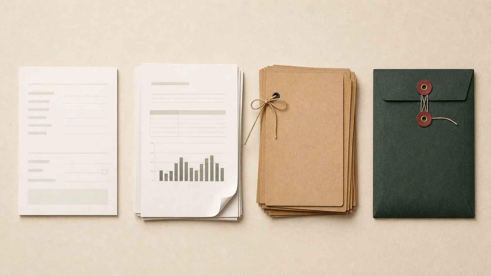 Formulier, energienota, gebundelde dossiers en een voorstel in een envelop