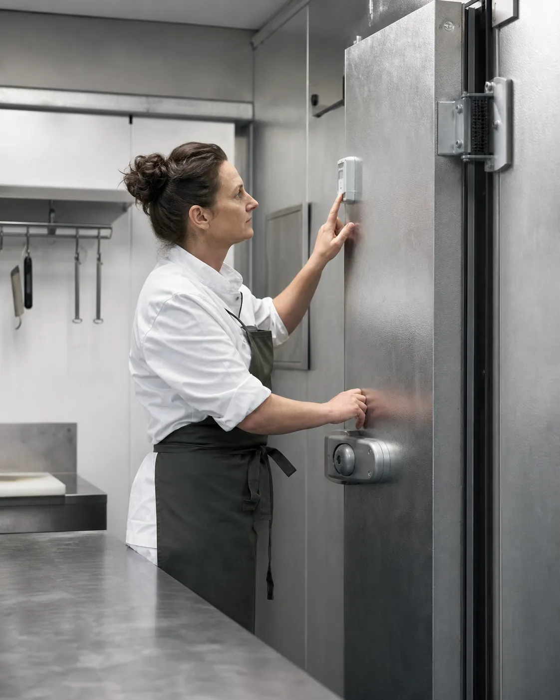 Slager controleert de professionele koelinstallatie in de werkruimte