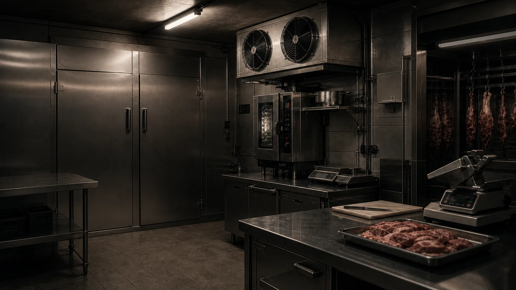 Professionele slagerij met koelinstallaties, ovens en werkapparatuur